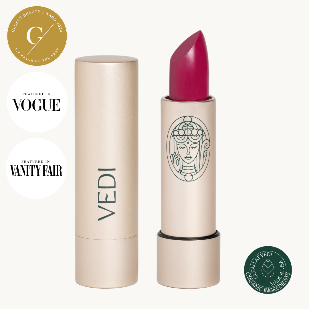 Vedi lipstick in forever fuchsia and gold casing on a white background