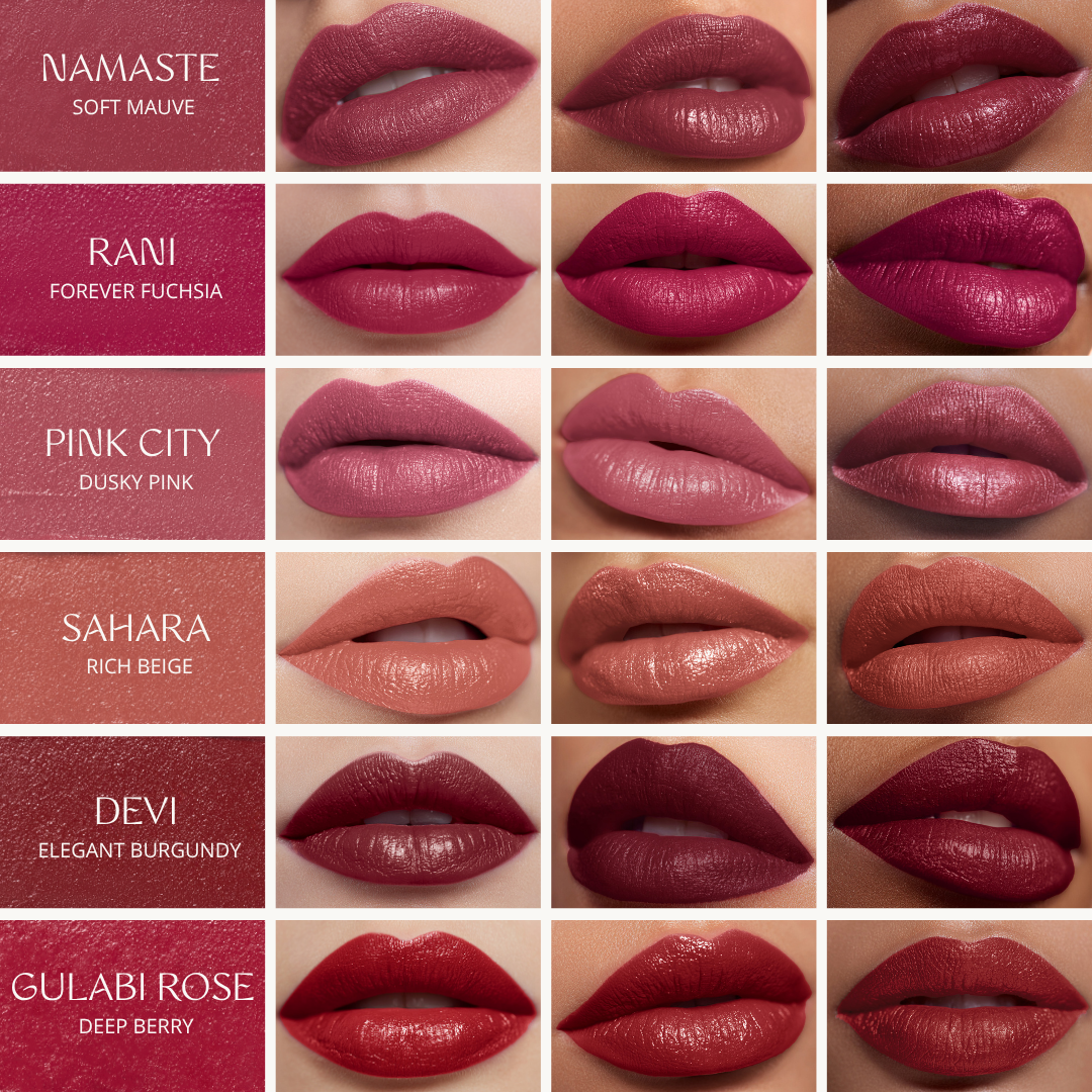 Collage of lipstick shades on a neutral background with color names.